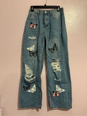Butterfly Print Distressed Wide Leg Jeans